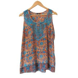 Tolani Orange Blue Paisley Floral Silk Blouse Medium Boho